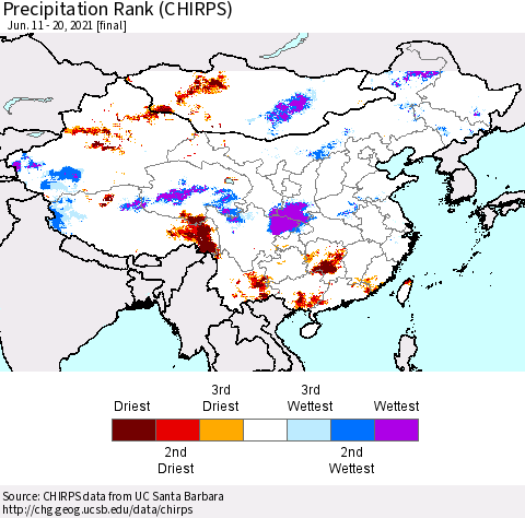 China, Mongolia and Taiwan Precipitation Rank since 1981 (CHIRPS) Thematic Map For 6/11/2021 - 6/20/2021