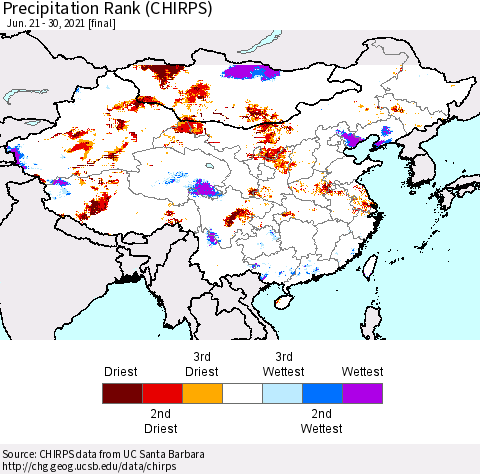 China, Mongolia and Taiwan Precipitation Rank since 1981 (CHIRPS) Thematic Map For 6/21/2021 - 6/30/2021