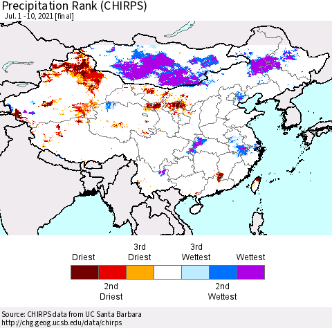 China, Mongolia and Taiwan Precipitation Rank since 1981 (CHIRPS) Thematic Map For 7/1/2021 - 7/10/2021