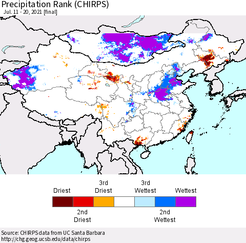 China, Mongolia and Taiwan Precipitation Rank since 1981 (CHIRPS) Thematic Map For 7/11/2021 - 7/20/2021