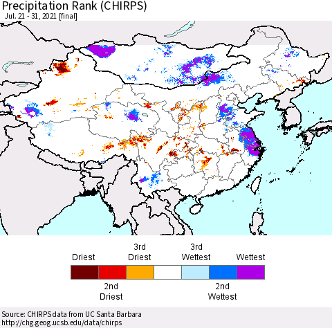 China, Mongolia and Taiwan Precipitation Rank since 1981 (CHIRPS) Thematic Map For 7/21/2021 - 7/31/2021