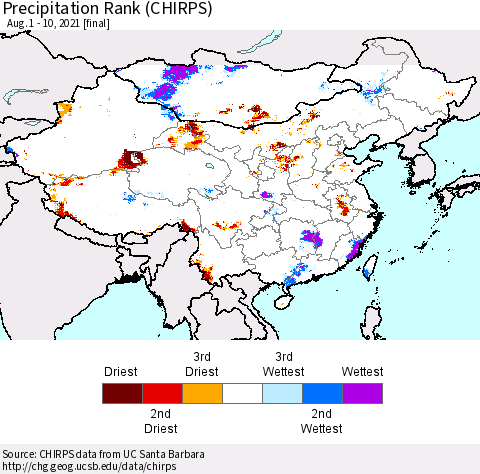 China, Mongolia and Taiwan Precipitation Rank since 1981 (CHIRPS) Thematic Map For 8/1/2021 - 8/10/2021