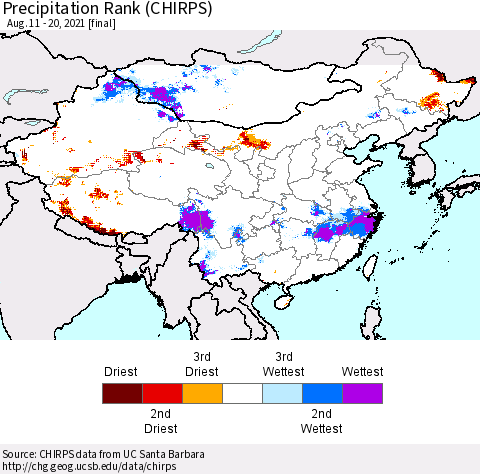 China, Mongolia and Taiwan Precipitation Rank since 1981 (CHIRPS) Thematic Map For 8/11/2021 - 8/20/2021