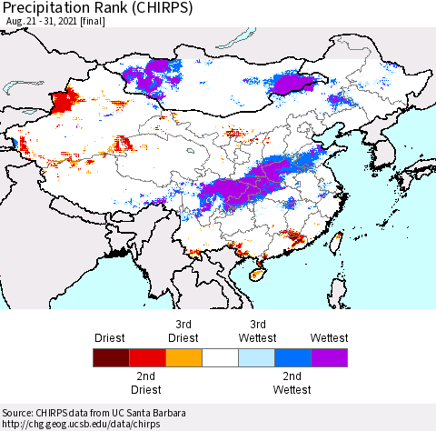China, Mongolia and Taiwan Precipitation Rank since 1981 (CHIRPS) Thematic Map For 8/21/2021 - 8/31/2021