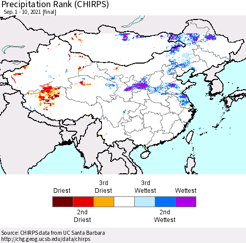 China, Mongolia and Taiwan Precipitation Rank since 1981 (CHIRPS) Thematic Map For 9/1/2021 - 9/10/2021