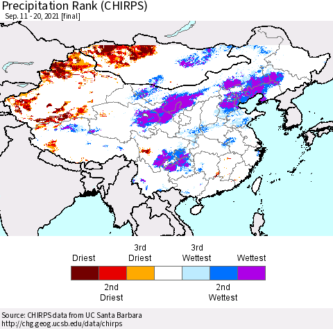 China, Mongolia and Taiwan Precipitation Rank since 1981 (CHIRPS) Thematic Map For 9/11/2021 - 9/20/2021