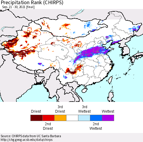 China, Mongolia and Taiwan Precipitation Rank since 1981 (CHIRPS) Thematic Map For 9/21/2021 - 9/30/2021