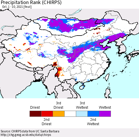 China, Mongolia and Taiwan Precipitation Rank since 1981 (CHIRPS) Thematic Map For 10/1/2021 - 10/10/2021