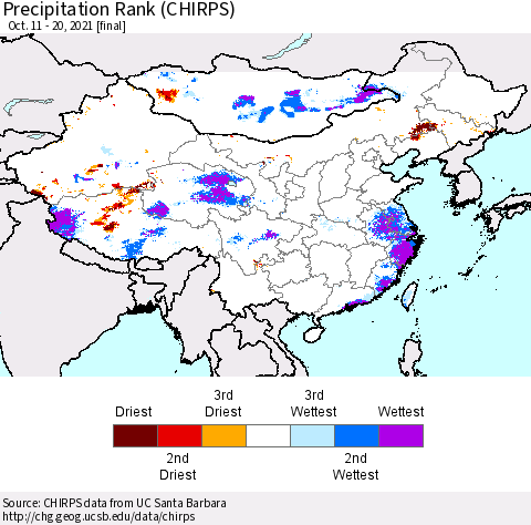China, Mongolia and Taiwan Precipitation Rank since 1981 (CHIRPS) Thematic Map For 10/11/2021 - 10/20/2021