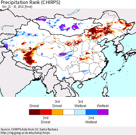 China, Mongolia and Taiwan Precipitation Rank since 1981 (CHIRPS) Thematic Map For 10/21/2021 - 10/31/2021
