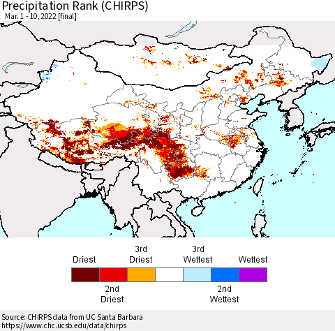 China, Mongolia and Taiwan Precipitation Rank since 1981 (CHIRPS) Thematic Map For 3/1/2022 - 3/10/2022
