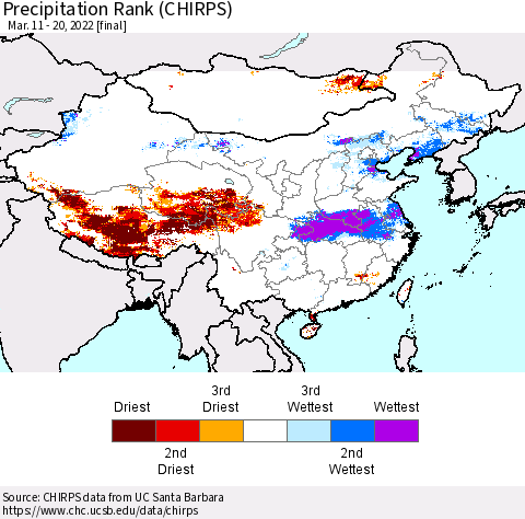 China, Mongolia and Taiwan Precipitation Rank since 1981 (CHIRPS) Thematic Map For 3/11/2022 - 3/20/2022