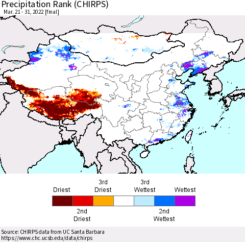China, Mongolia and Taiwan Precipitation Rank since 1981 (CHIRPS) Thematic Map For 3/21/2022 - 3/31/2022