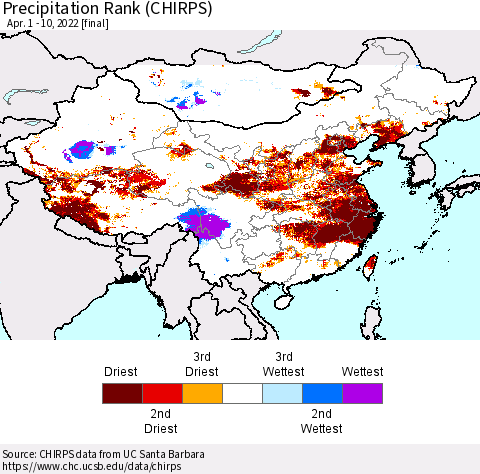 China, Mongolia and Taiwan Precipitation Rank since 1981 (CHIRPS) Thematic Map For 4/1/2022 - 4/10/2022