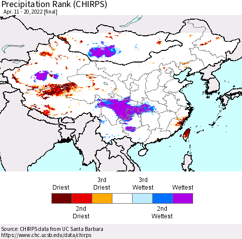 China, Mongolia and Taiwan Precipitation Rank since 1981 (CHIRPS) Thematic Map For 4/11/2022 - 4/20/2022