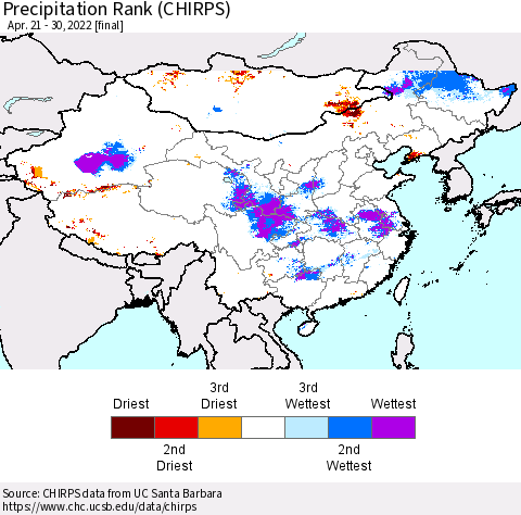 China, Mongolia and Taiwan Precipitation Rank since 1981 (CHIRPS) Thematic Map For 4/21/2022 - 4/30/2022