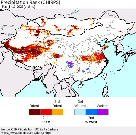 China, Mongolia and Taiwan Precipitation Rank since 1981 (CHIRPS) Thematic Map For 5/1/2022 - 5/10/2022