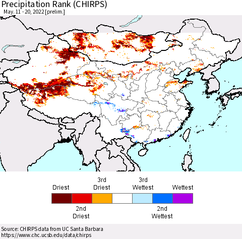 China, Mongolia and Taiwan Precipitation Rank since 1981 (CHIRPS) Thematic Map For 5/11/2022 - 5/20/2022