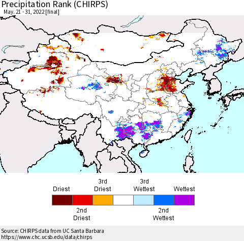 China, Mongolia and Taiwan Precipitation Rank since 1981 (CHIRPS) Thematic Map For 5/21/2022 - 5/31/2022