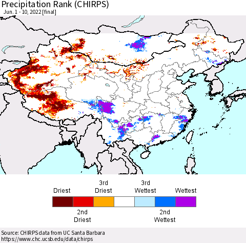China, Mongolia and Taiwan Precipitation Rank since 1981 (CHIRPS) Thematic Map For 6/1/2022 - 6/10/2022