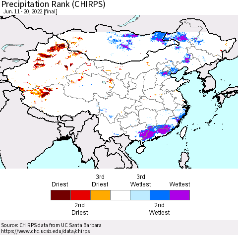 China, Mongolia and Taiwan Precipitation Rank since 1981 (CHIRPS) Thematic Map For 6/11/2022 - 6/20/2022