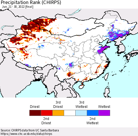 China, Mongolia and Taiwan Precipitation Rank since 1981 (CHIRPS) Thematic Map For 6/21/2022 - 6/30/2022