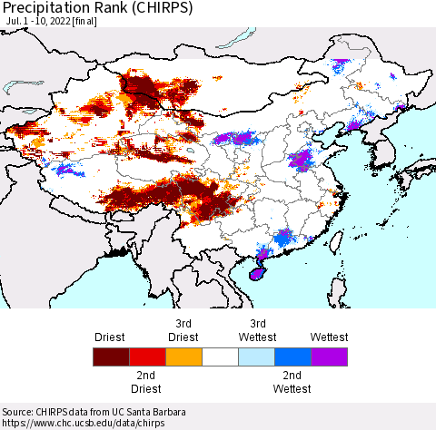 China, Mongolia and Taiwan Precipitation Rank since 1981 (CHIRPS) Thematic Map For 7/1/2022 - 7/10/2022