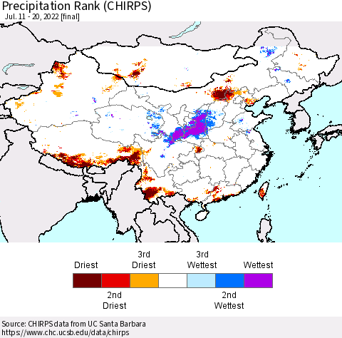 China, Mongolia and Taiwan Precipitation Rank since 1981 (CHIRPS) Thematic Map For 7/11/2022 - 7/20/2022