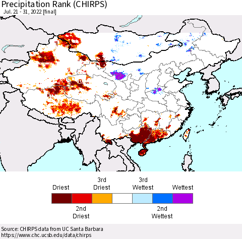 China, Mongolia and Taiwan Precipitation Rank since 1981 (CHIRPS) Thematic Map For 7/21/2022 - 7/31/2022