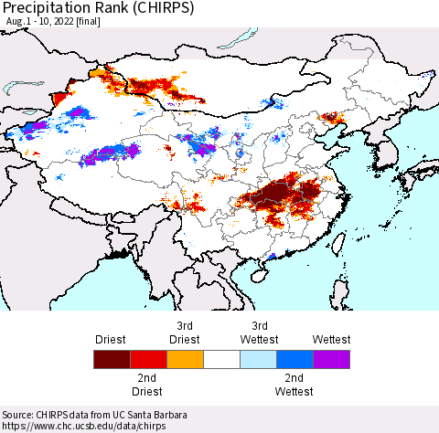 China, Mongolia and Taiwan Precipitation Rank since 1981 (CHIRPS) Thematic Map For 8/1/2022 - 8/10/2022