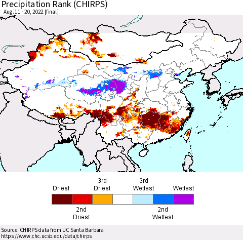 China, Mongolia and Taiwan Precipitation Rank since 1981 (CHIRPS) Thematic Map For 8/11/2022 - 8/20/2022