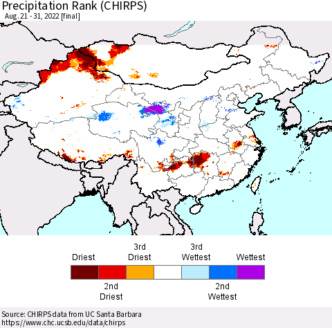 China, Mongolia and Taiwan Precipitation Rank since 1981 (CHIRPS) Thematic Map For 8/21/2022 - 8/31/2022