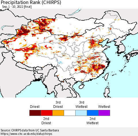 China, Mongolia and Taiwan Precipitation Rank since 1981 (CHIRPS) Thematic Map For 9/1/2022 - 9/10/2022