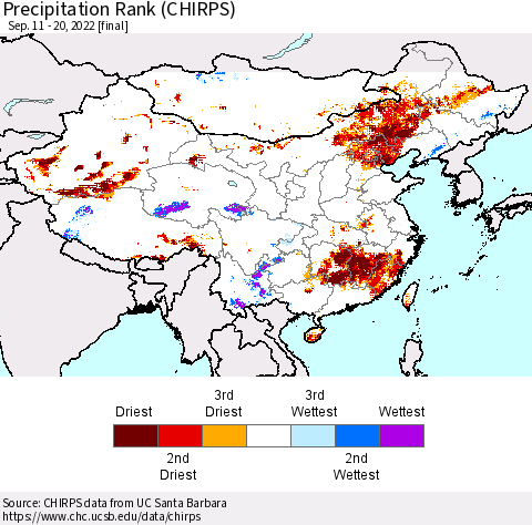 China, Mongolia and Taiwan Precipitation Rank since 1981 (CHIRPS) Thematic Map For 9/11/2022 - 9/20/2022