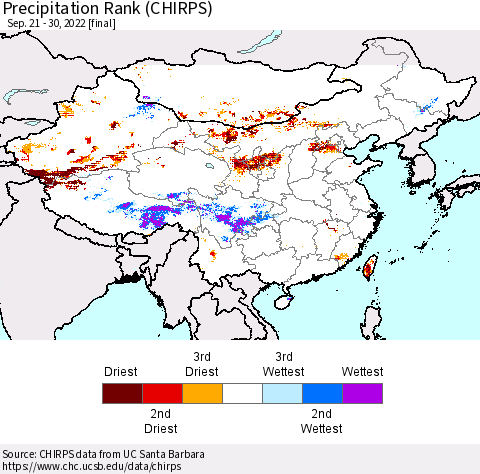 China, Mongolia and Taiwan Precipitation Rank since 1981 (CHIRPS) Thematic Map For 9/21/2022 - 9/30/2022