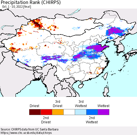 China, Mongolia and Taiwan Precipitation Rank since 1981 (CHIRPS) Thematic Map For 10/1/2022 - 10/10/2022