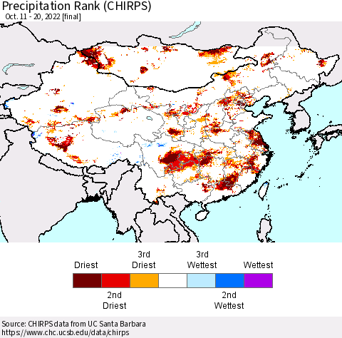 China, Mongolia and Taiwan Precipitation Rank since 1981 (CHIRPS) Thematic Map For 10/11/2022 - 10/20/2022