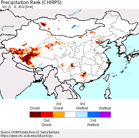 China, Mongolia and Taiwan Precipitation Rank since 1981 (CHIRPS) Thematic Map For 10/21/2022 - 10/31/2022