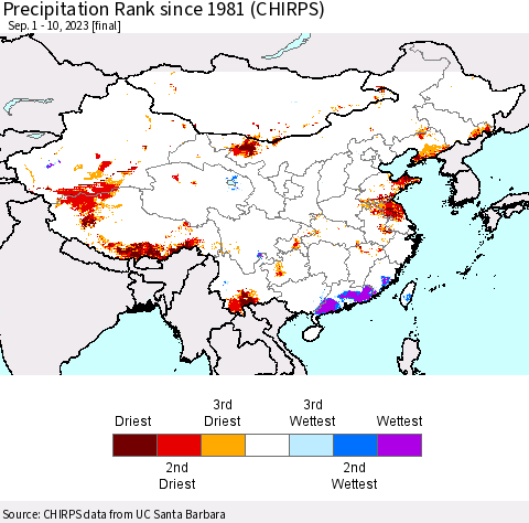 China, Mongolia and Taiwan Precipitation Rank since 1981 (CHIRPS) Thematic Map For 9/1/2023 - 9/10/2023