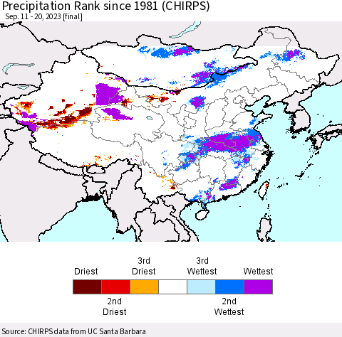 China, Mongolia and Taiwan Precipitation Rank since 1981 (CHIRPS) Thematic Map For 9/11/2023 - 9/20/2023