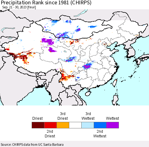 China, Mongolia and Taiwan Precipitation Rank since 1981 (CHIRPS) Thematic Map For 9/21/2023 - 9/30/2023