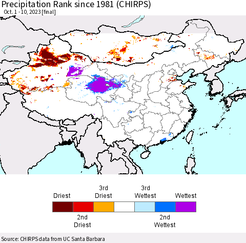 China, Mongolia and Taiwan Precipitation Rank since 1981 (CHIRPS) Thematic Map For 10/1/2023 - 10/10/2023