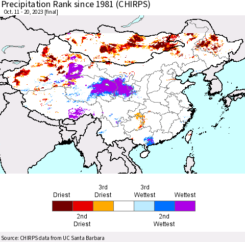 China, Mongolia and Taiwan Precipitation Rank since 1981 (CHIRPS) Thematic Map For 10/11/2023 - 10/20/2023