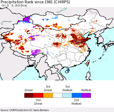 China, Mongolia and Taiwan Precipitation Rank since 1981 (CHIRPS) Thematic Map For 10/21/2023 - 10/31/2023
