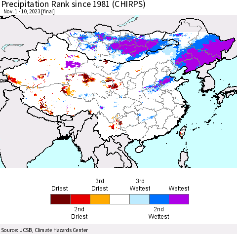 China, Mongolia and Taiwan Precipitation Rank since 1981 (CHIRPS) Thematic Map For 11/1/2023 - 11/10/2023