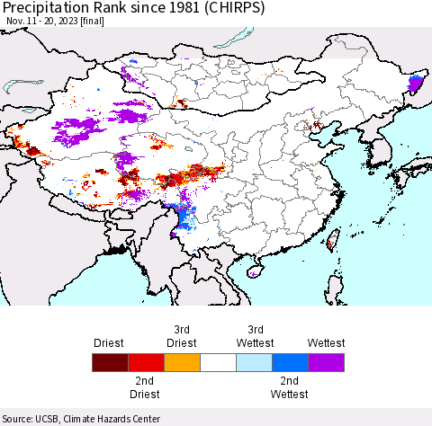China, Mongolia and Taiwan Precipitation Rank since 1981 (CHIRPS) Thematic Map For 11/11/2023 - 11/20/2023
