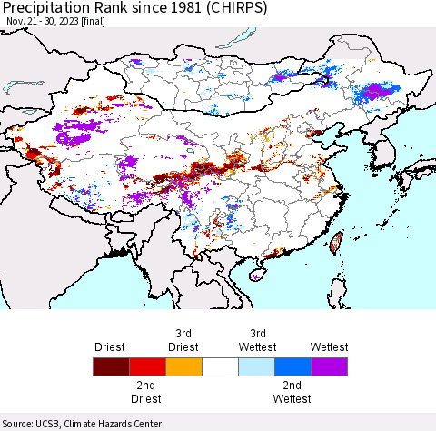 China, Mongolia and Taiwan Precipitation Rank since 1981 (CHIRPS) Thematic Map For 11/21/2023 - 11/30/2023