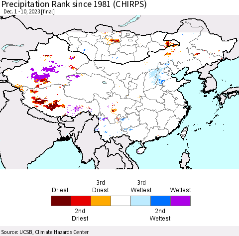 China, Mongolia and Taiwan Precipitation Rank since 1981 (CHIRPS) Thematic Map For 12/1/2023 - 12/10/2023