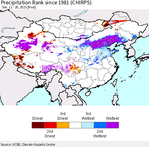 China, Mongolia and Taiwan Precipitation Rank since 1981 (CHIRPS) Thematic Map For 12/11/2023 - 12/20/2023