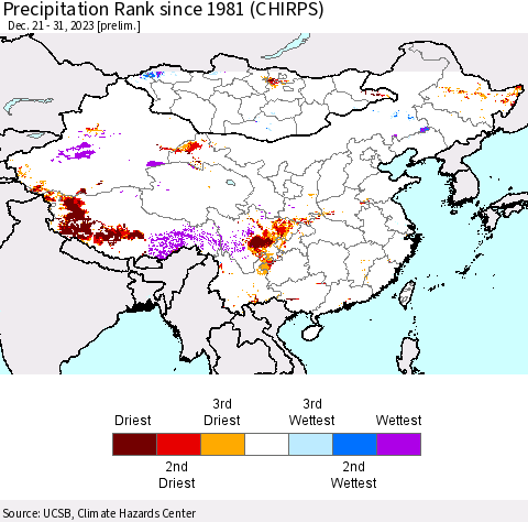 China, Mongolia and Taiwan Precipitation Rank since 1981 (CHIRPS) Thematic Map For 12/21/2023 - 12/31/2023